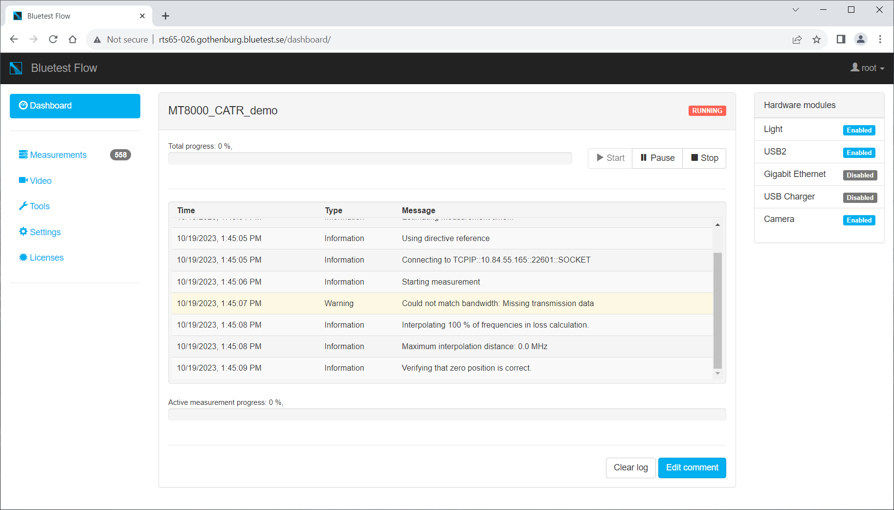 Bluetest Flow dashboard interface showing MT8000_CATR_demo measurement log with status running and various hardware modules enabled or disabled.