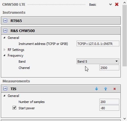 Software interface displaying CMW500 LTE settings with instrument addresses, RF settings, band and channel selection, and TIS measurement parameters including number of samples and start power.