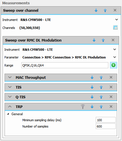 Software interface showing measurements for R&S CMW500 - LTE instrument, including sweep over channel with channels 50, 300, 550, sweep over RMC DL modulation with parameters QPSK, Q16, Q64, and sections for MAC Throughput, TIS, Q-TIS, and TRP with general settings for minimum sampling delay and number of samples.