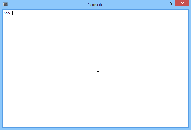 Empty programming console window with blue border and prompt symbol at the start.