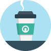 Steaming takeout coffee cup with a green sleeve featuring a circular logo.