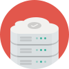 Illustration of a white cloud with a checkmark above stacked white servers with indicator lights on a red background.