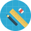 Icon of a pencil, ruler, and eraser on a blue grid background.