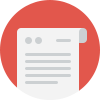 Icon of a white document with lines representing text on a red background.