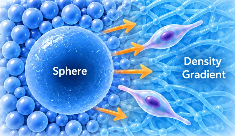 Illustration of cells migrating along a density gradient from a collagen microsphere into the hydrogel matrix
