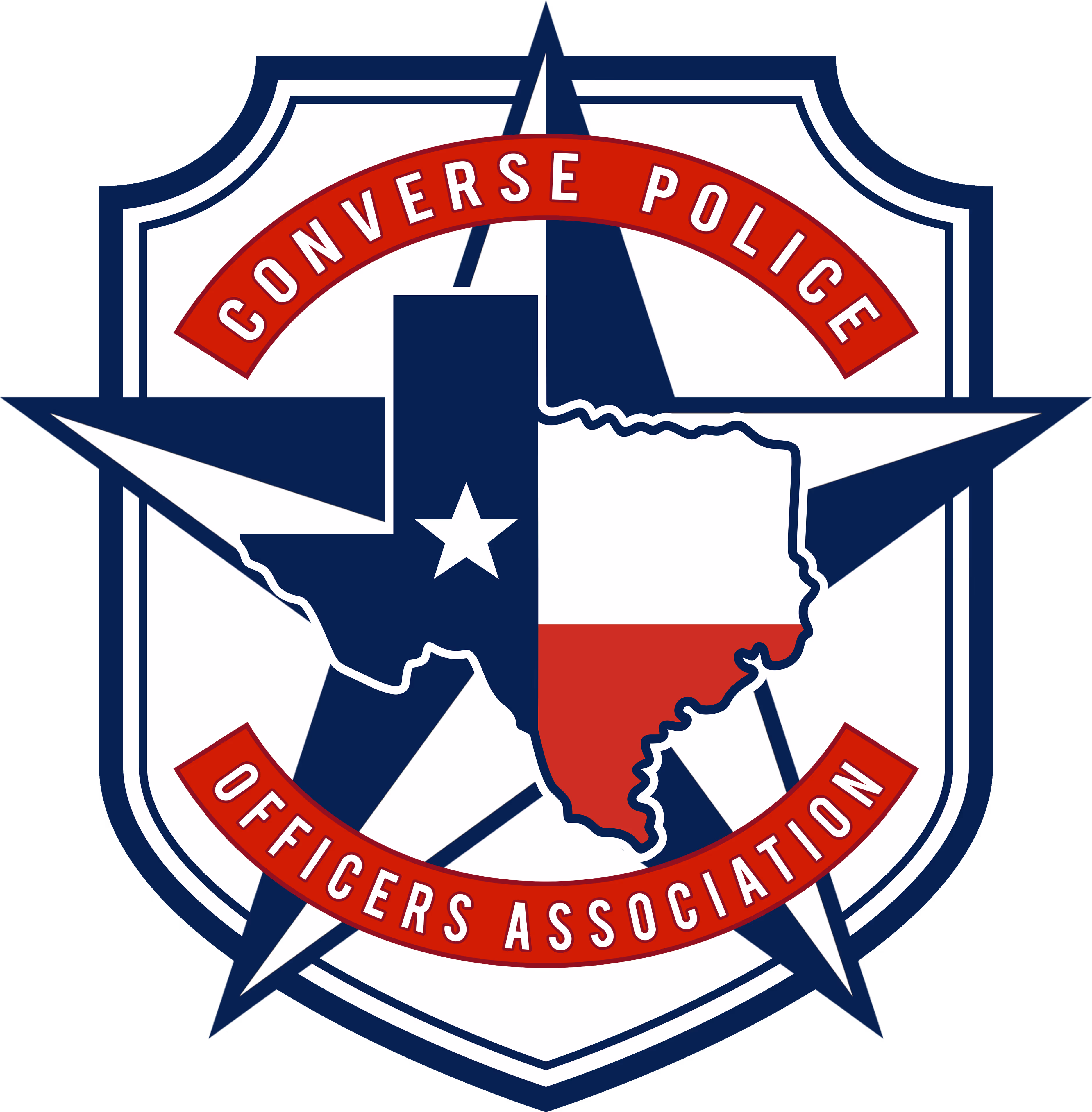 Badge-shaped logo featuring the Texas state outline colored with the Texas flag, over a large five-pointed star, with red banners reading 'Converse Police' and 'Officers Association'.