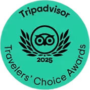 Tripadvisor Travelers' Choice Awards 2025 emblem with owl logo and laurel wreath on a green circular background.