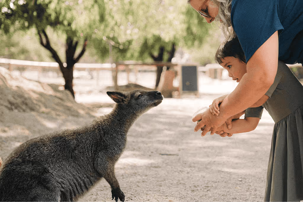 A woman and child closely observing a small kangaroo on a dirt path surrounded by trees.
