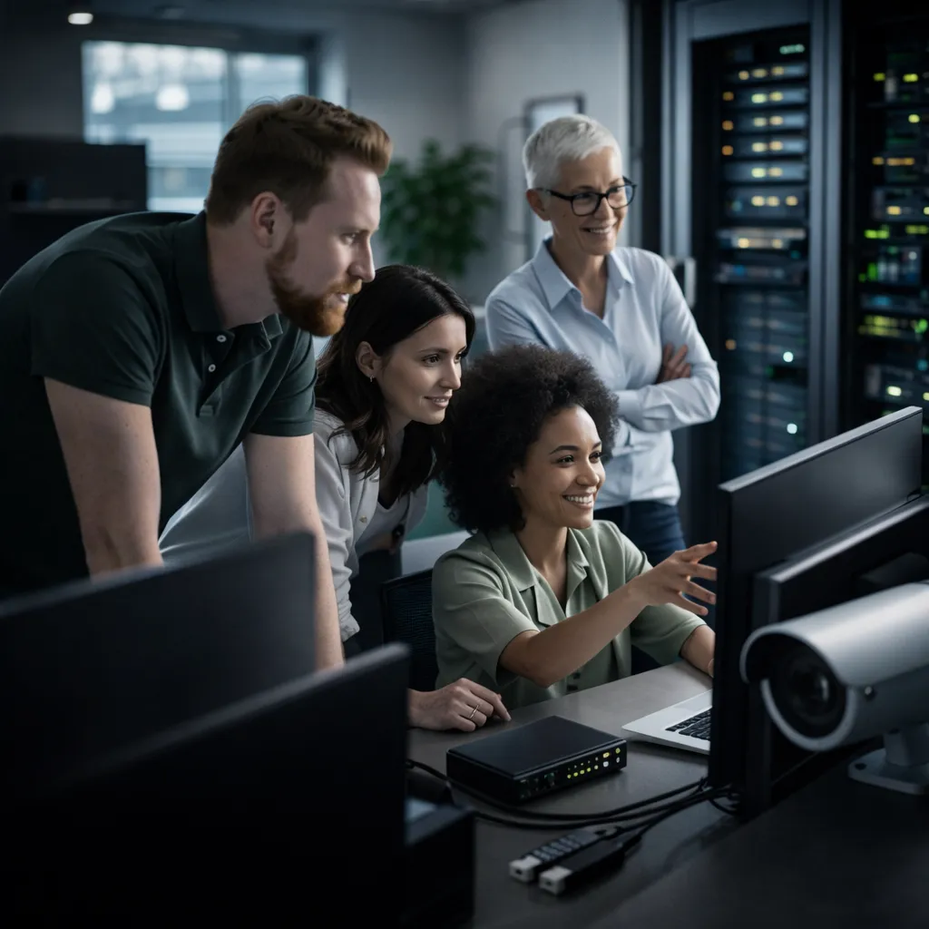 Four diverse IT professionals collaborating and smiling while looking at a computer monitor in a server room.