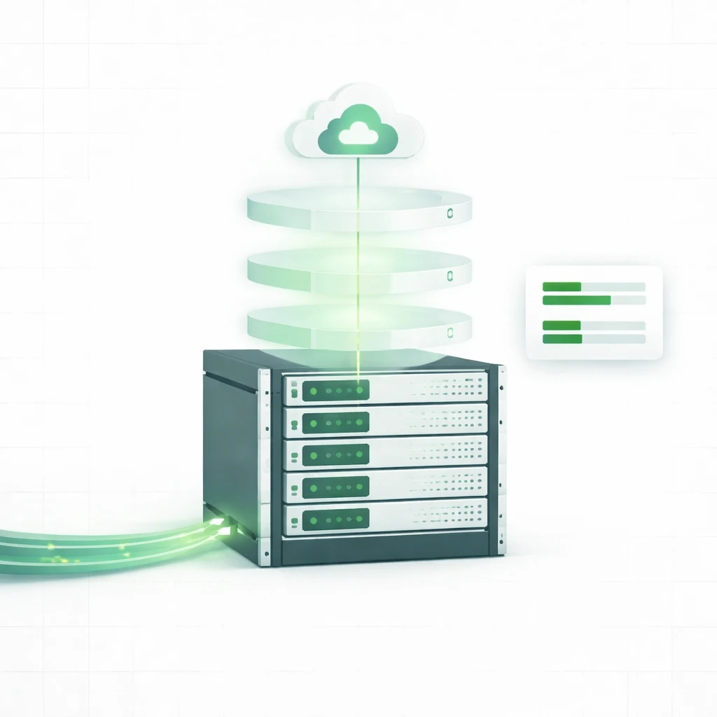 Enterprise server rack with virtualisation layers and private cloud connectivity