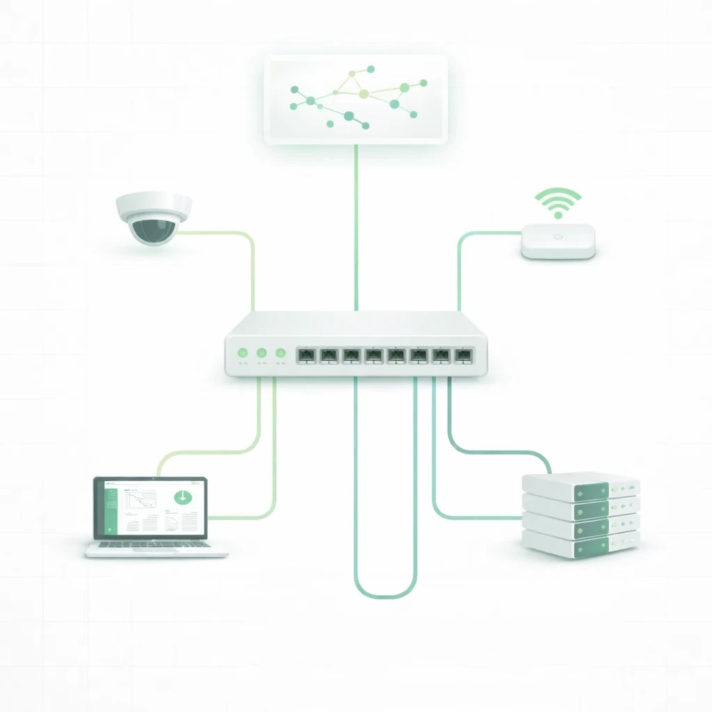 Managed network switch with segmented connections to CCTV cameras, Wi-Fi, servers, and workstations