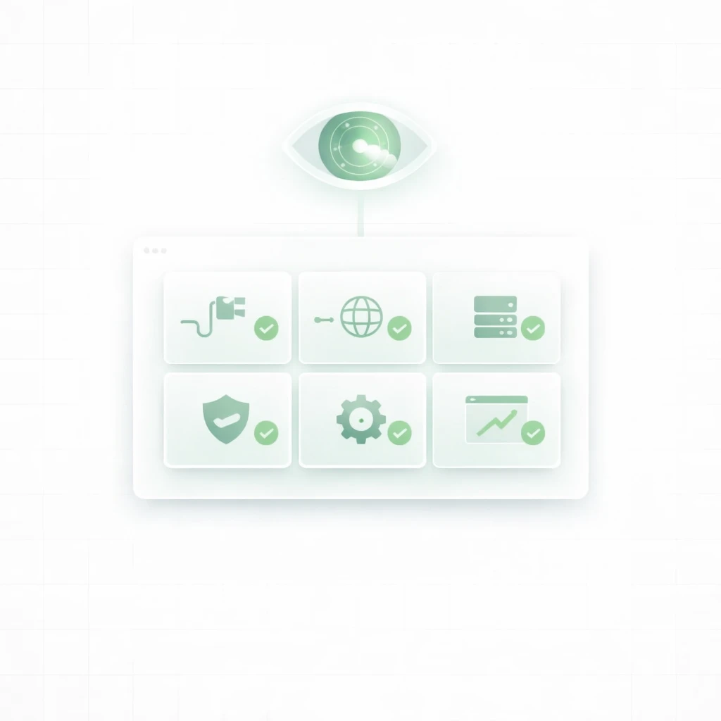 Full-stack monitoring dashboard with six infrastructure status panels showing green indicators