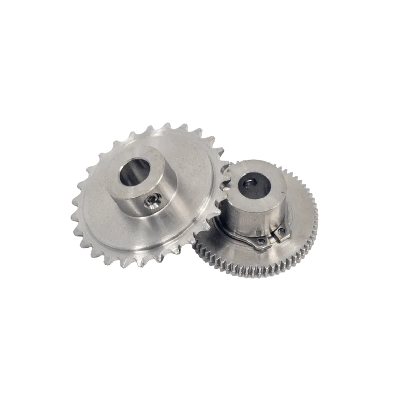 Two interlocking metal gears with evenly spaced teeth.