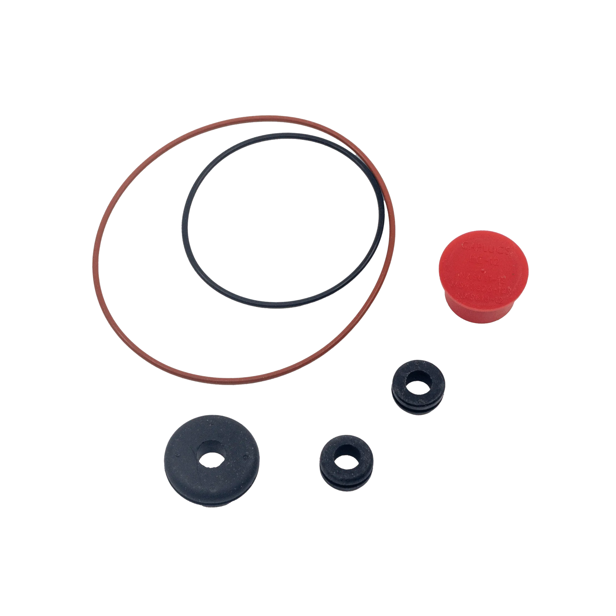 Various rubber and silicone gaskets and seals of different sizes including a red cap.