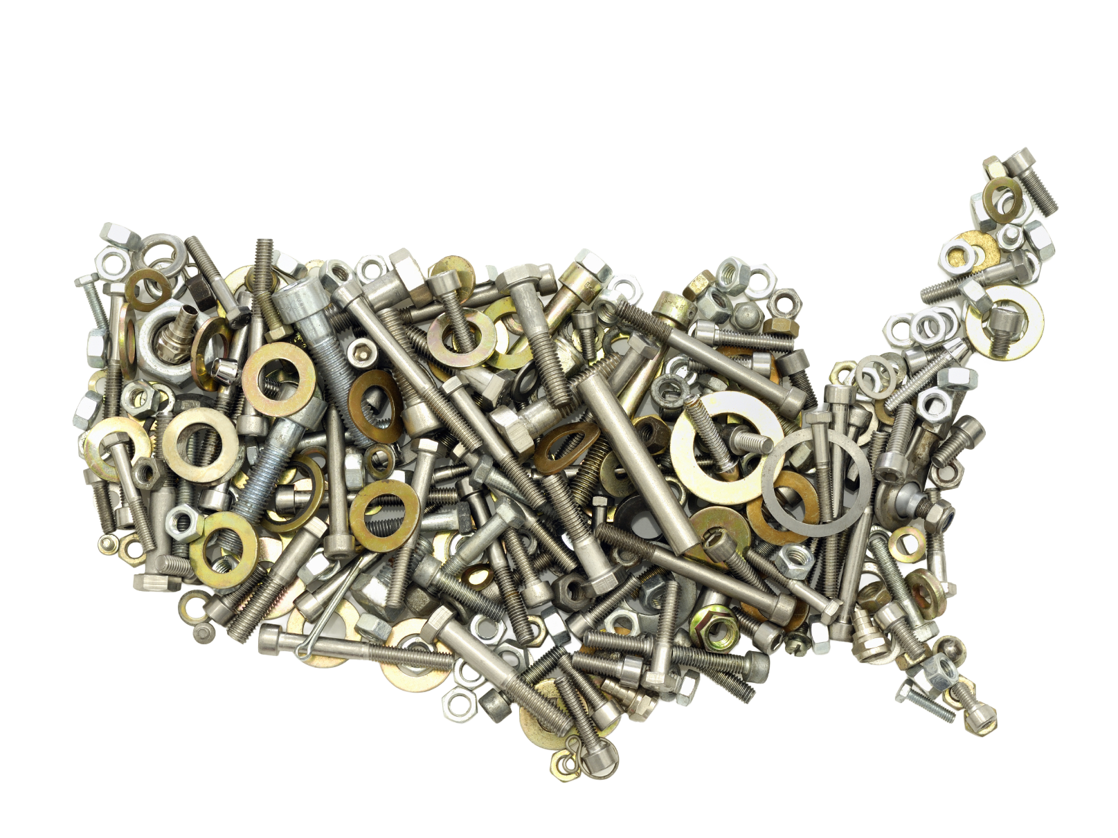 Various metal nuts, bolts, washers, and screws arranged to form the shape of the United States map.