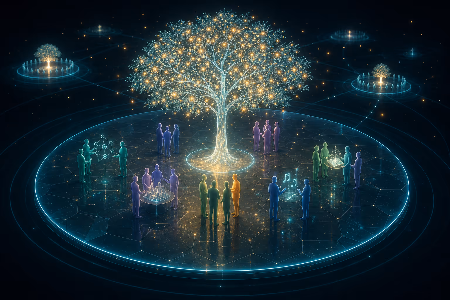 A large circular town-square platform under a luminous cyan oak tree with warm amber fruit-lights, with several small clusters of silhouette figures gathered in conversation across the platform, and other aligned Holons faintly visible in the distance connected by slender bridges of light.