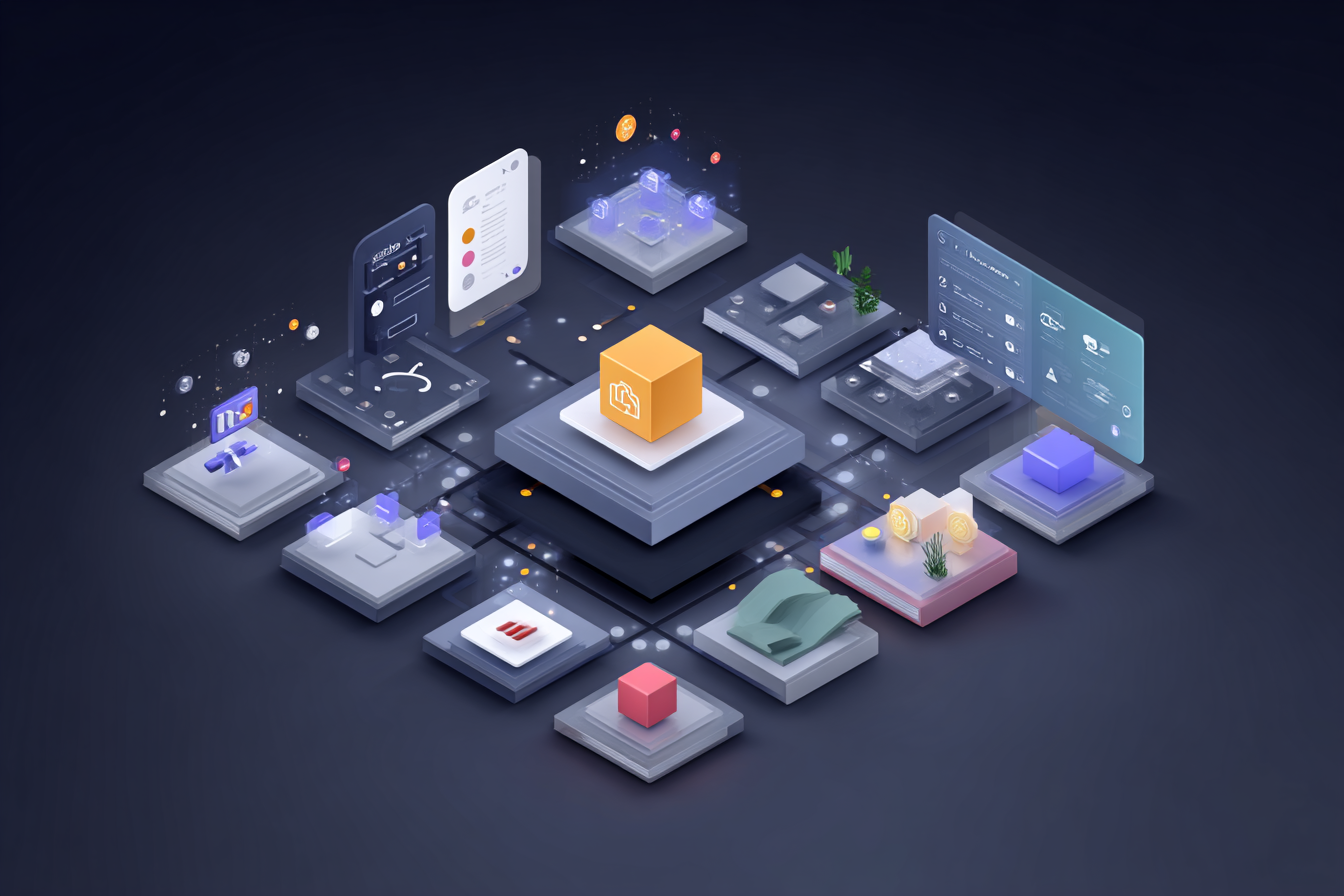 3D isometric digital illustration representing blockchain or cloud computing platform with interconnected floating nodes, cubes, data screens, and blockchain icons on a dark background.