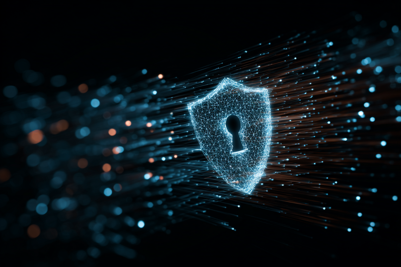 Glowing blue digital shield with a keyhole at its center, composed of interconnected lines and points, surrounded by streaming light particles against a dark background, symbolizing cybersecurity or data protection.