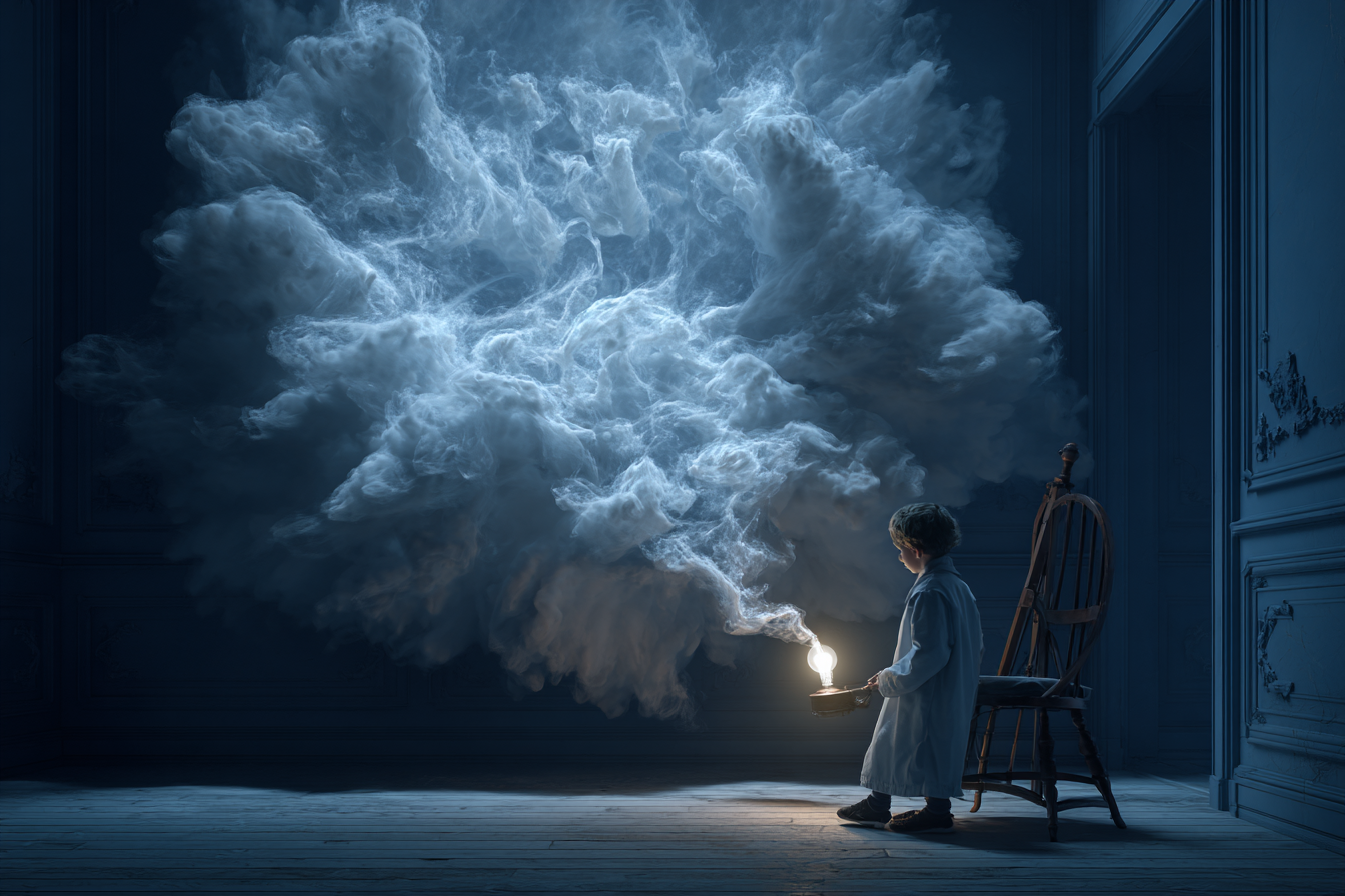 A child in a white coat holds a lantern emitting a glowing light that forms a large, intricate, cloud-like smoke formation inside a dimly lit, ornate blue room with a wooden floor and a wooden chair behind.