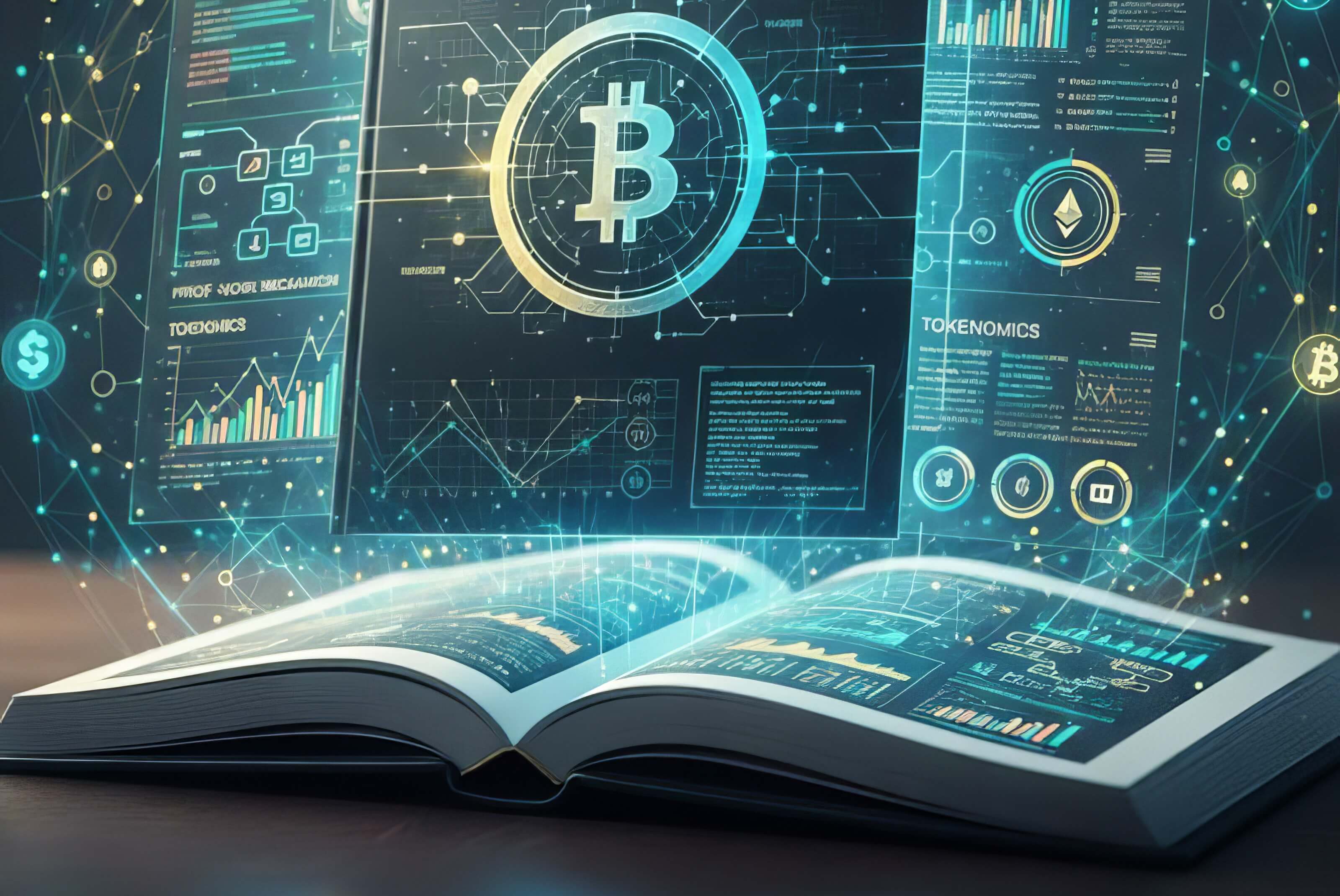 Open book with glowing digital interface projecting cryptocurrency symbols and charts, including Bitcoin and Ethereum icons, and financial graphs.