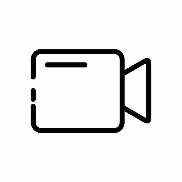 Black outline icon of a video camera with a rectangular body and a triangular lens on a white background.