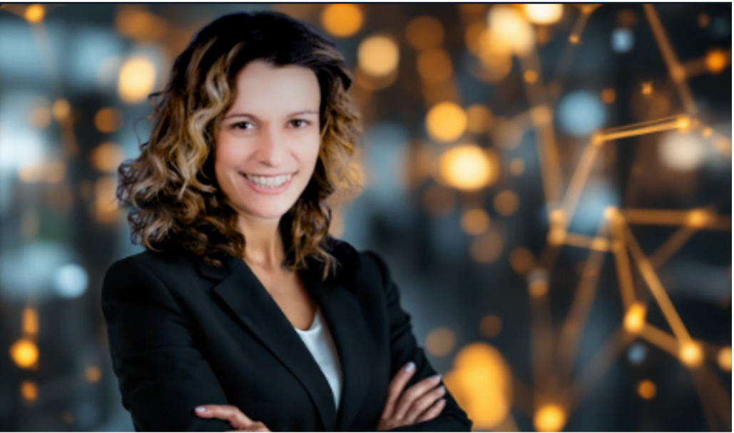 Smiling woman with curly hair wearing a black blazer and white shirt standing with arms crossed against a blurred background with yellow and blue circular lights and network-like lines.