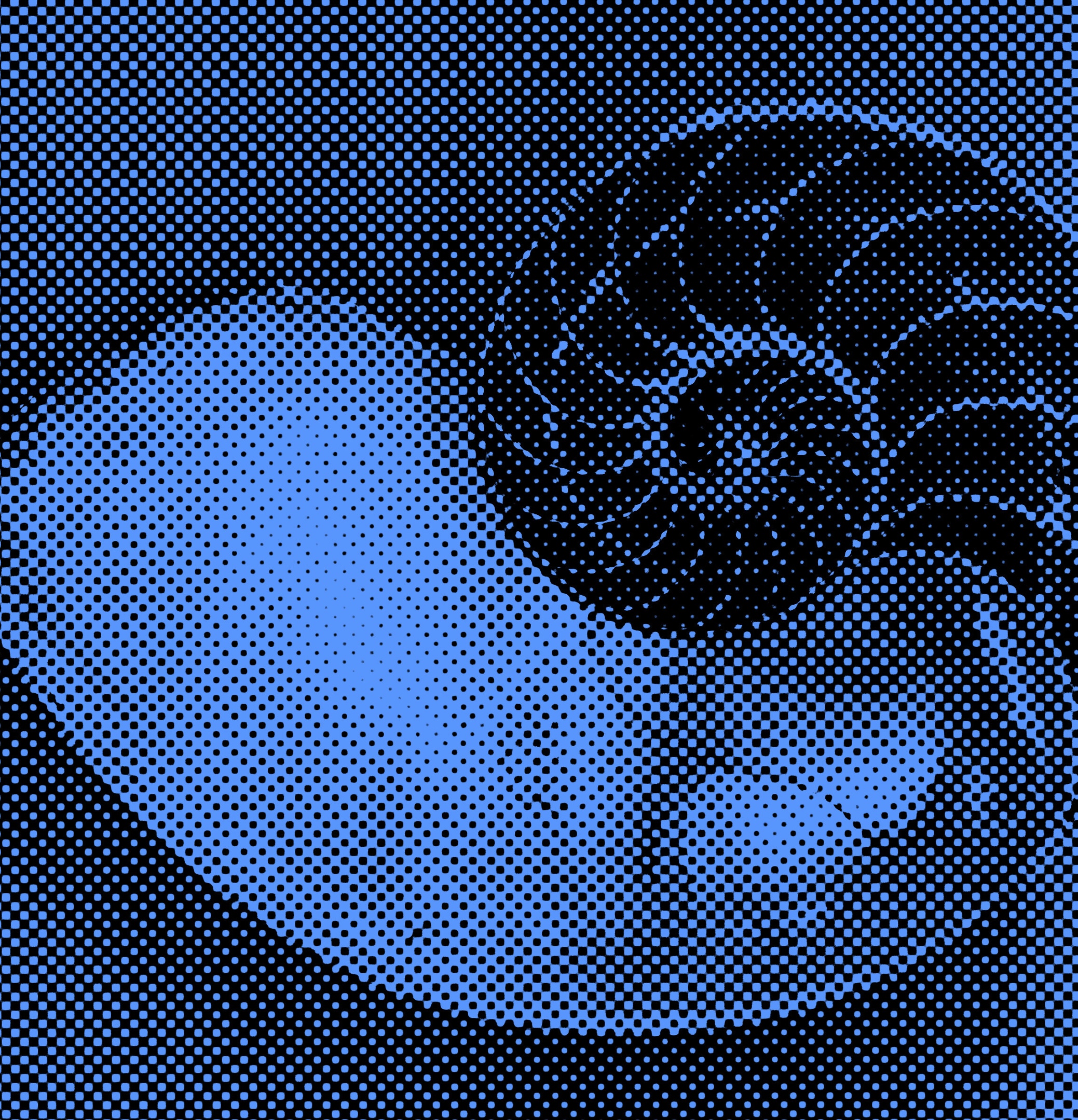 Halftone-style image of a spiral seashell with a blue and black dotted pattern.