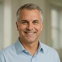 Smiling man with gray hair wearing a light blue collared shirt in a softly lit indoor setting.