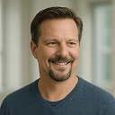 Smiling man with short brown hair and a beard wearing a blue sweater in a softly lit indoor setting.