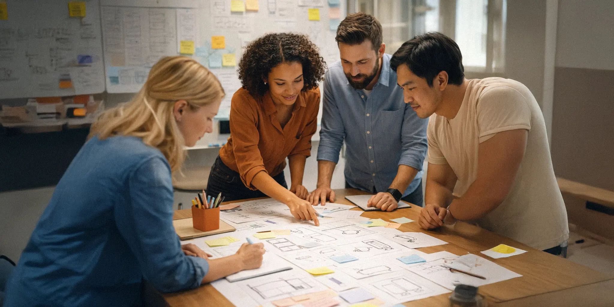 Team collaborating on product design with sketches, notes, and a whiteboard in a workshop setting