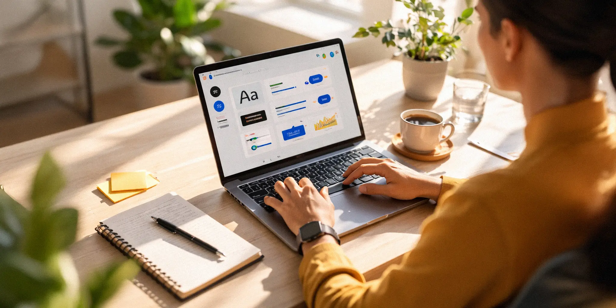 Person working on a laptop in a bright, minimal workspace with a clear, high-contrast interface on screen
