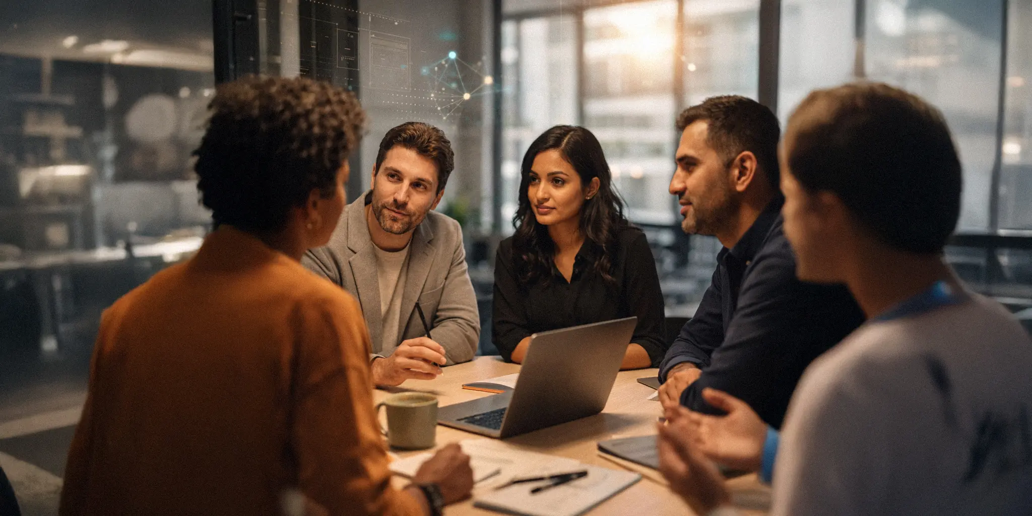 Small group of professionals discussing ideas around a table in a modern office setting