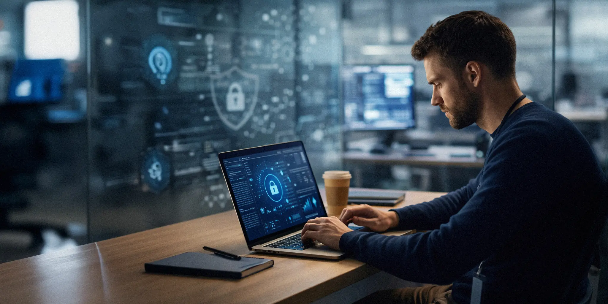 Cybersecurity professional analyzing data on a laptop in a modern workspace