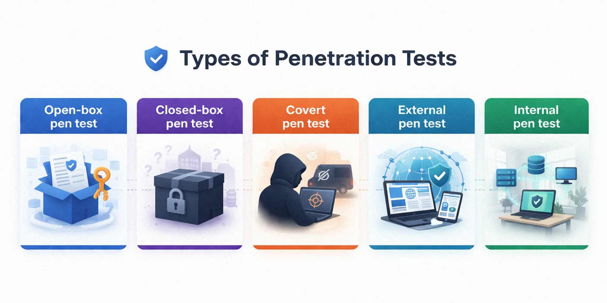 Diagram showing five types of penetration testing: open-box, closed-box, covert, external, and internal