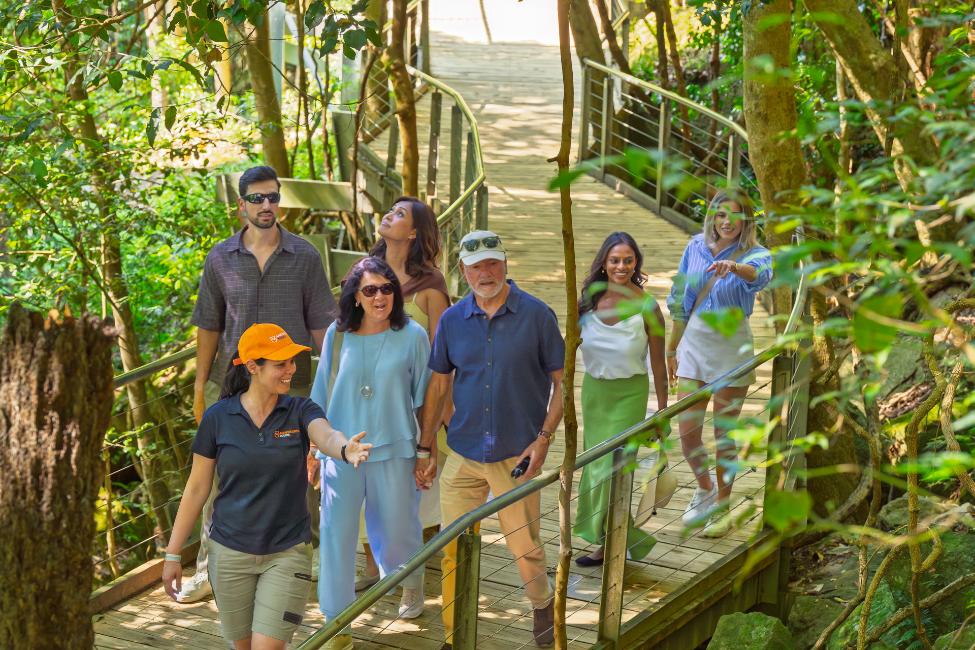 A group of people walk along a raised wooden path in a lush, green forest while a guide in an orange cap leads them.