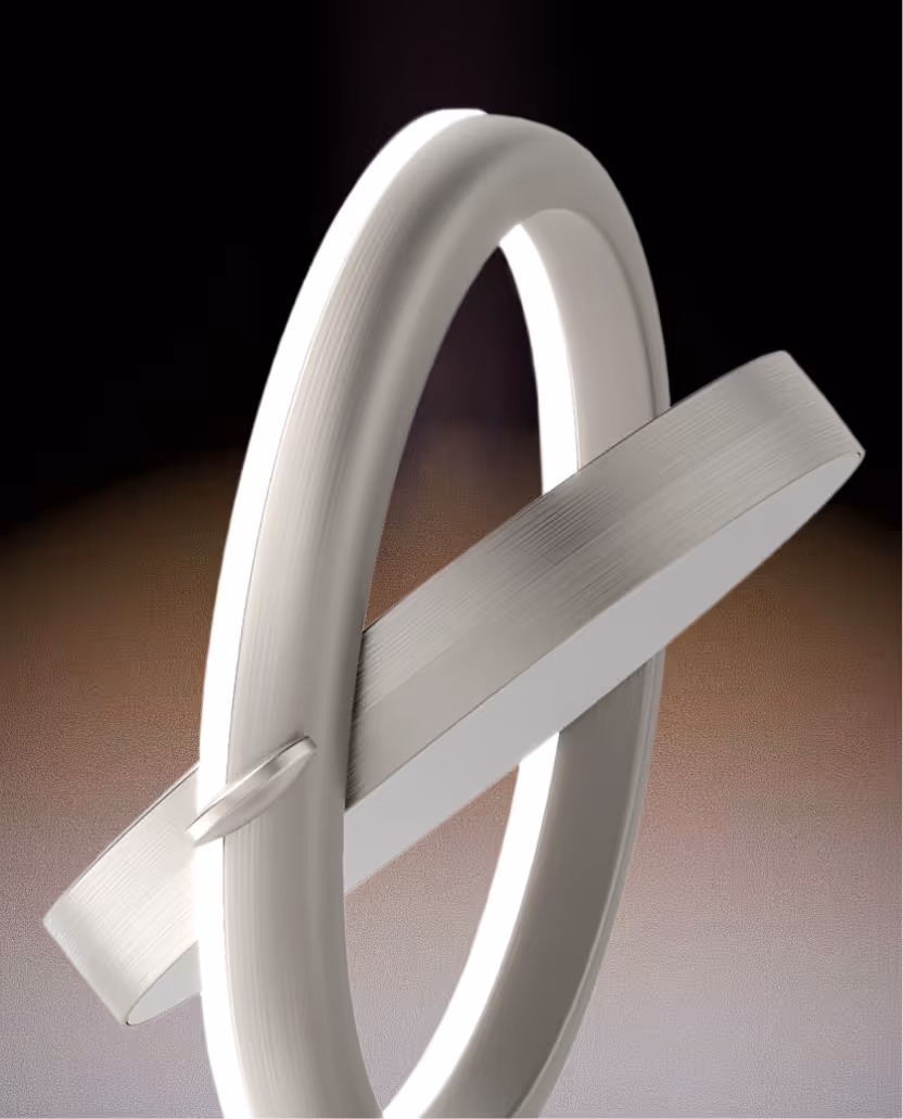 Three-dimensional Mirror featuring a textured white ring pierced by a flat, angled white band against a gradient dark-to-light background.