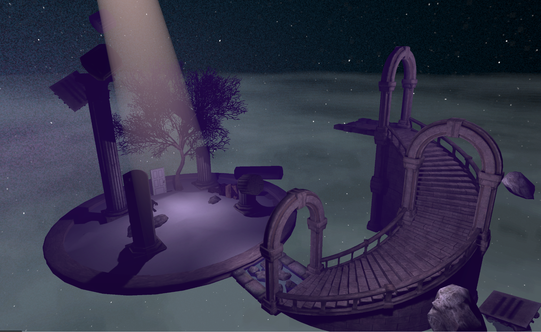 Liminal space with staircase leading to a sand circle with a tree and light beam