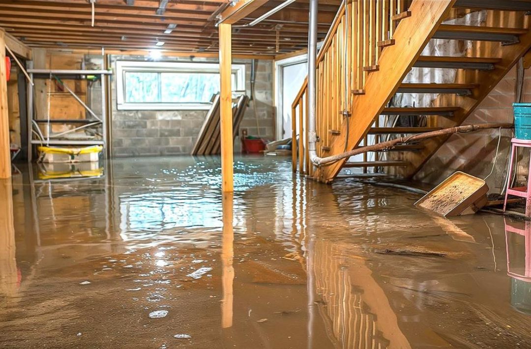Flooded basement with standing water and wooden stairs, illustrating flooded basement cleanup services in Calgary