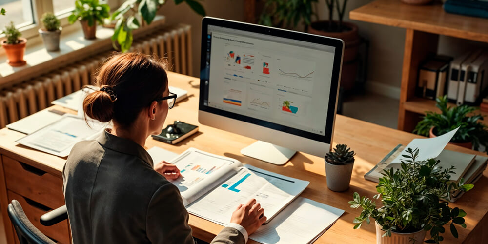 A professional woman working at a wooden desk