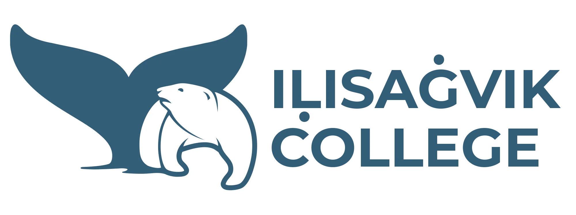 Logo of Ilisagvik College featuring a stylized blue whale tail with a white polar bear in front, next to the college name in blue capital letters.