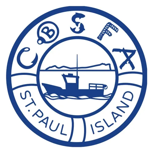 Logo for CBSFA St. Paul Island featuring a fishing boat on wavy water with island outline in the background, encircled by the acronym CBSFA and text St. Paul Island.