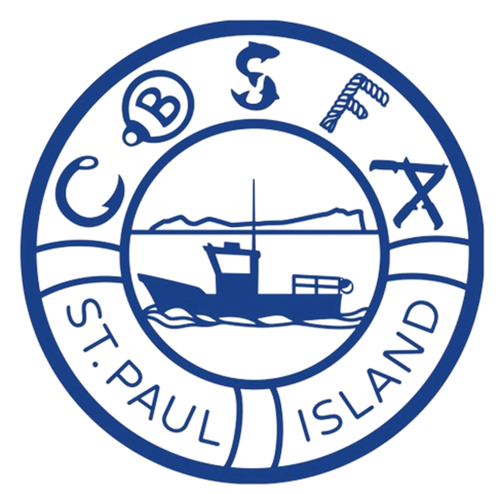 Circular blue emblem with a boat on water in the center and island landforms in the background, encircled by the words 'COAST' at the top and 'ST. PAUL ISLAND' at the bottom.