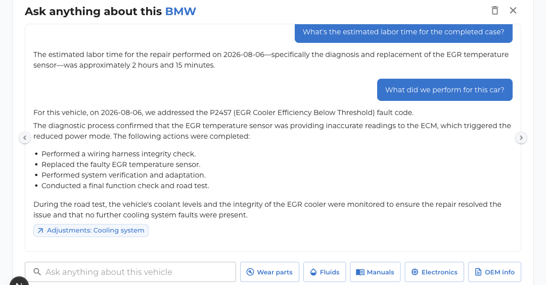 The vehicle chat answering questions about the completed repair