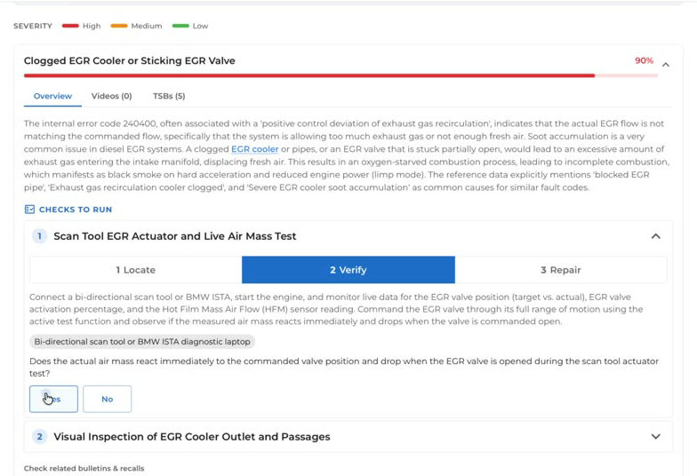 A possible cause expanded with checks to run and one check open on locate verify repair
