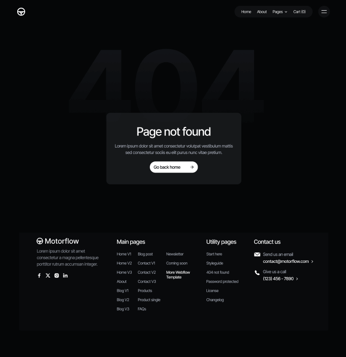 Motorflow - 404 Not Found Utility Page - Automotive Webflow Template | BRIX Templates
