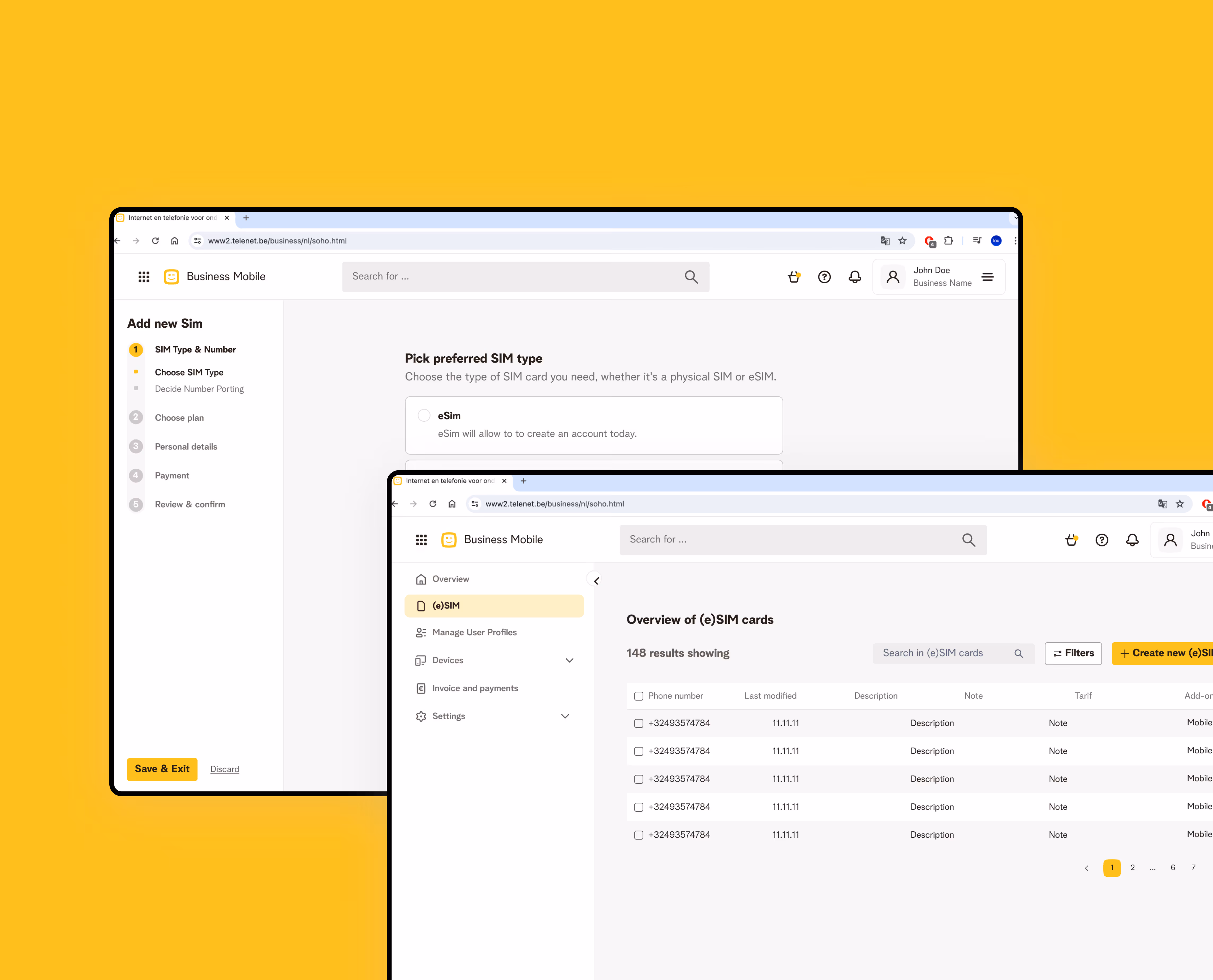 Two overlapping browser windows displaying the Telenet Business Mobile dashboard with SIM management, showing SIM type selection and overview of eSIM cards.