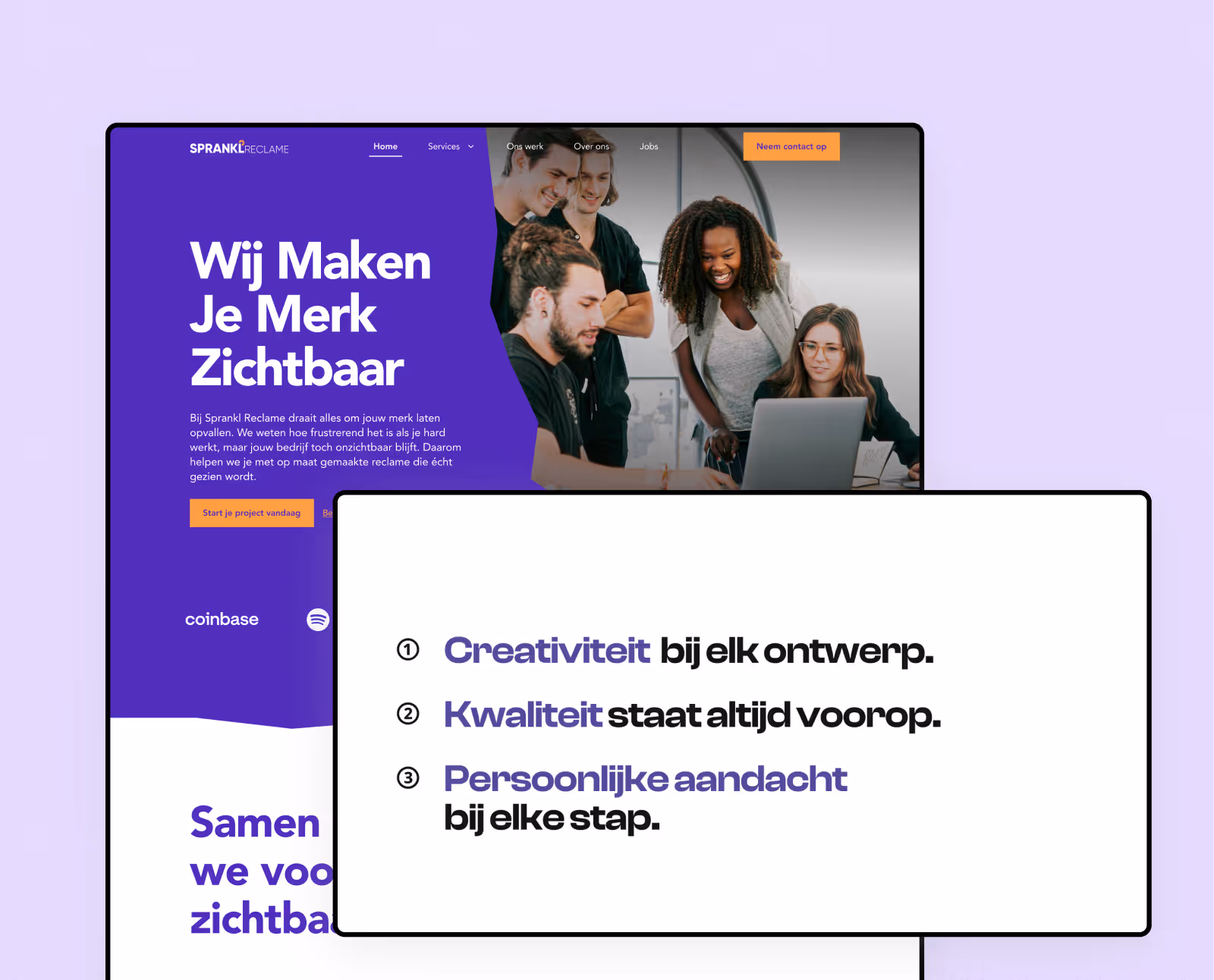 Website homepage with a team of five people around a laptop and Dutch text highlighting creativity, quality, and personal attention in design.