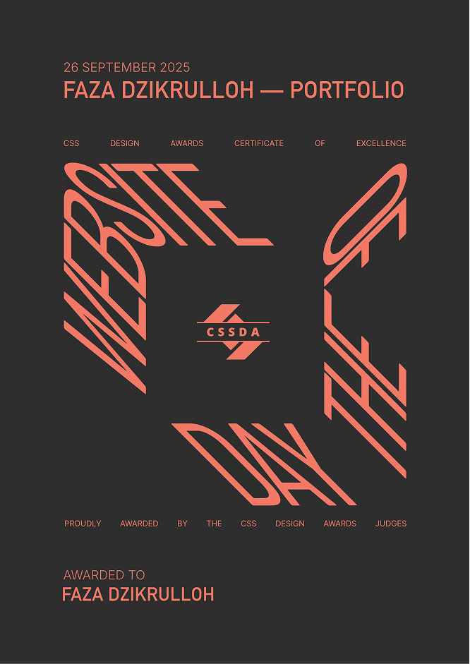 CSSDA CSS Design Awards Certificate of Excellence for Faza Dzikrullah Portfolio by Hatypo Studio, dated 26 September 2025