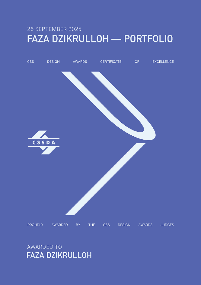 CSSDA CSS Design Awards Certificate of Excellence for Faza Dzikrullah Portfolio by Hatypo Studio, dated 26 September 2025