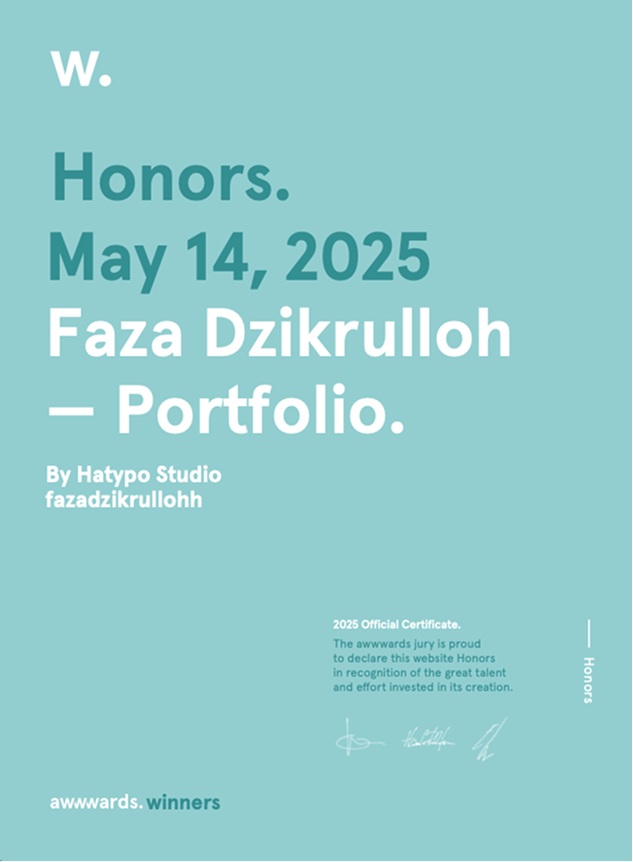 Awwwards Honors certificate for Faza Dzikrullah Portfolio by Hatypo Studio, dated 14 May 2025